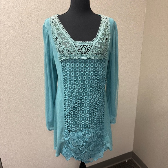 Pretty Angel Teal Lace Crochet Boho Tunic Top XL Long Sleeve Romantic Top - Picture 2 of 11